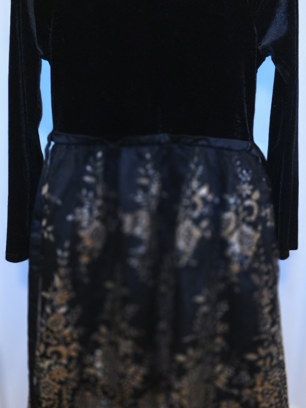 Rare Editions Navy Blue Velvet Long Sleeve Dress with Gold Brocade Skirt